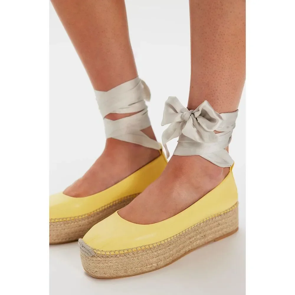 Free People Starboard Wrap Platform Espadrilles Lace Up Lemon Leather 39/8.5 NEW